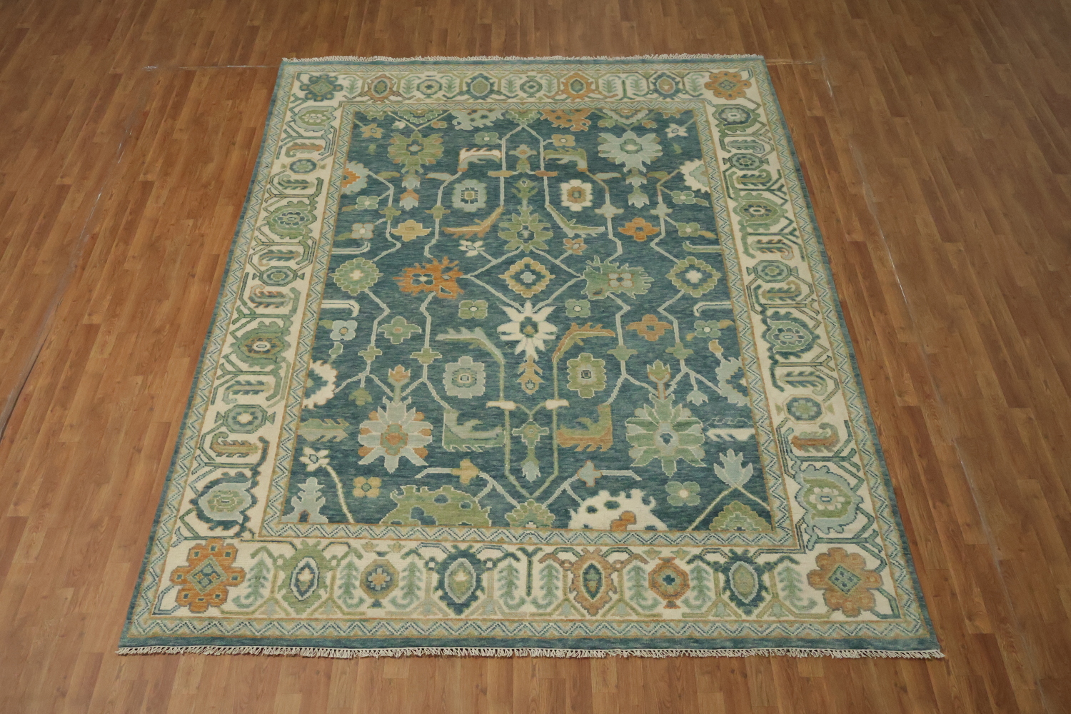 Large 9x12 Traditional Oushak Area Rug, Hand-Knotted Wool, Green/Blue/Ivory