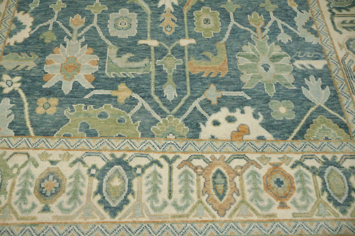 Large 9x12 Traditional Oushak Area Rug, Hand-Knotted Wool, Green/Blue/Ivory