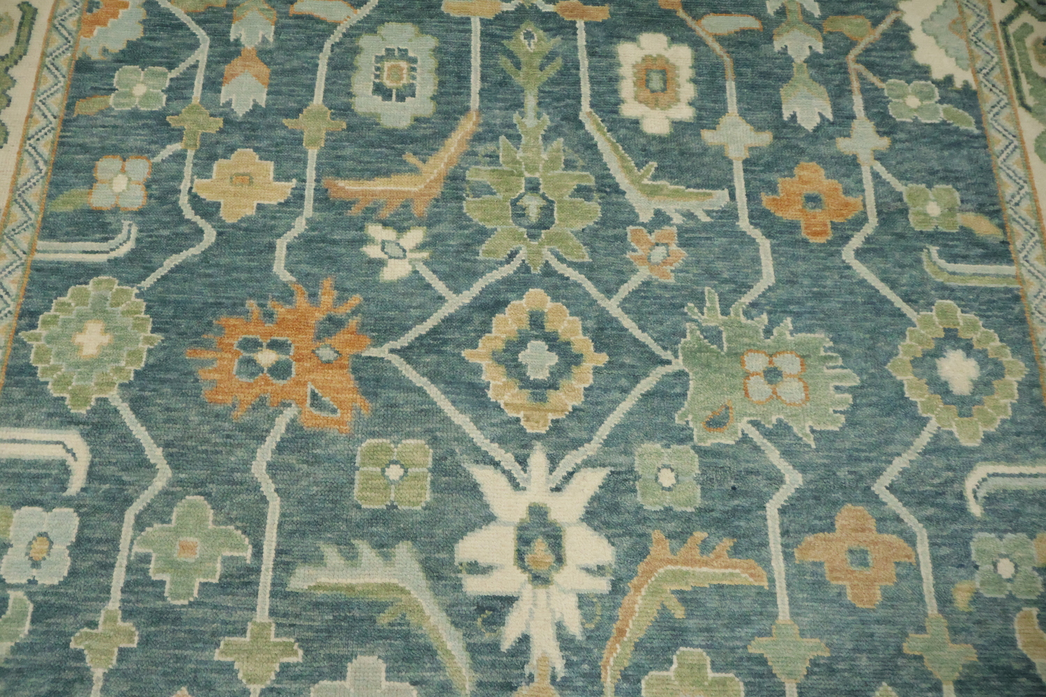 Large 9x12 Traditional Oushak Area Rug, Hand-Knotted Wool, Green/Blue/Ivory