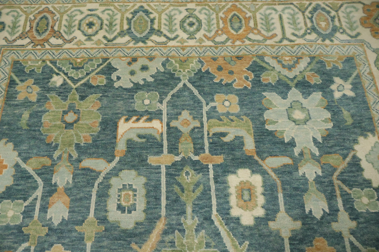 Large 9x12 Traditional Oushak Area Rug, Hand-Knotted Wool, Green/Blue/Ivory