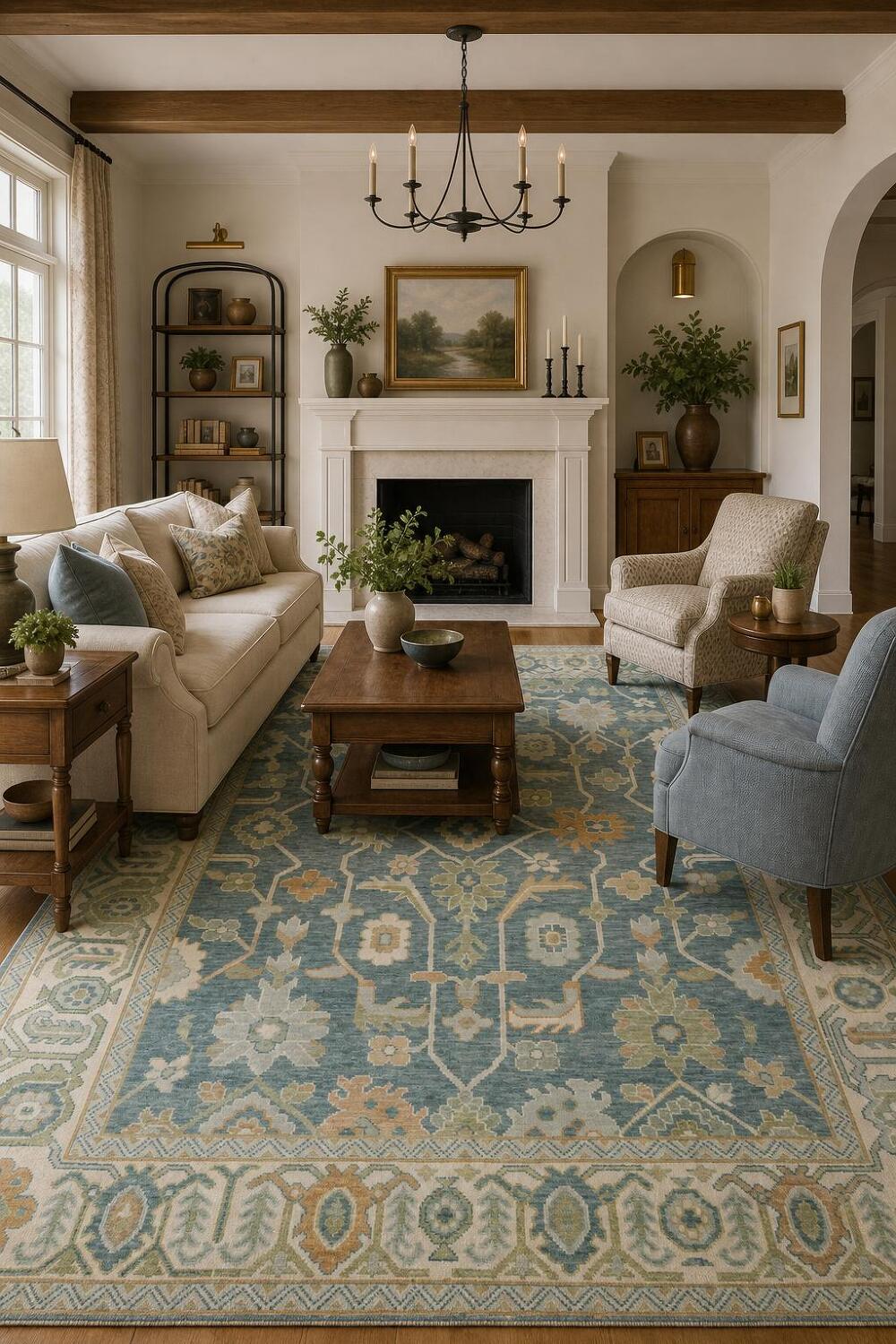 Large 9x12 Traditional Oushak Area Rug, Hand-Knotted Wool, Green/Blue/Ivory