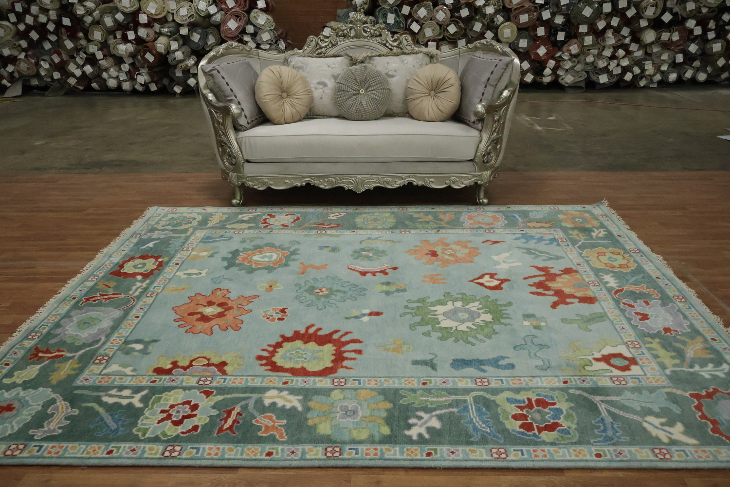 Traditional  Floral Aqua Blue Oushak Living Room Rug 8x10 ft