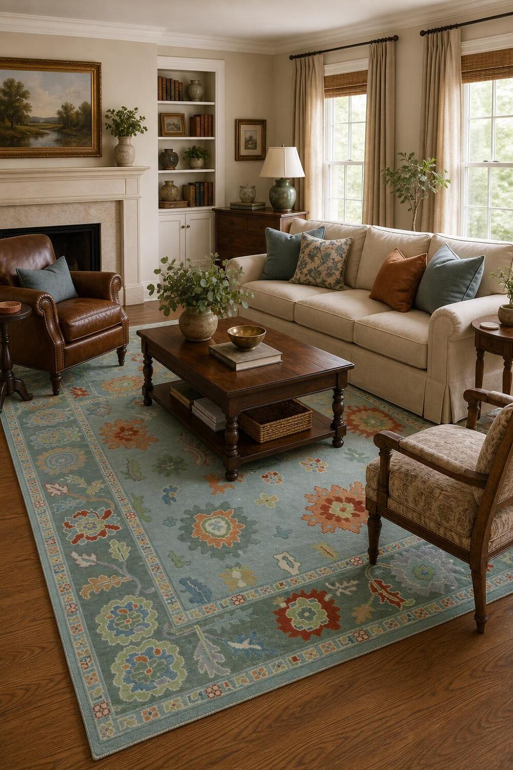Traditional  Floral Aqua Blue Oushak Living Room Rug 8x10 ft