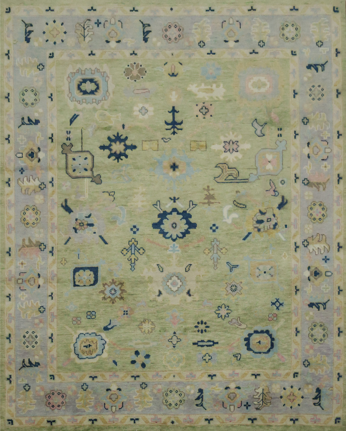 Vibrant Pistachio Green and Blue Oushak Hand-made Wool Rug 8' x 10'