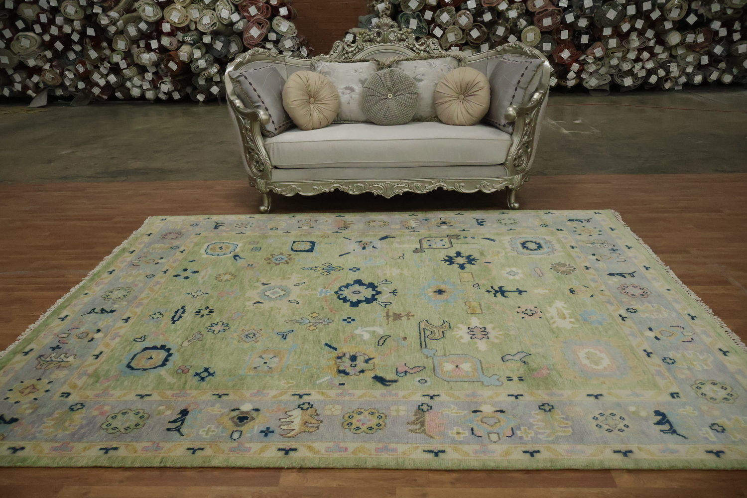 Vibrant Pistachio Green and Blue Oushak Hand-made Wool Rug 8' x 10'