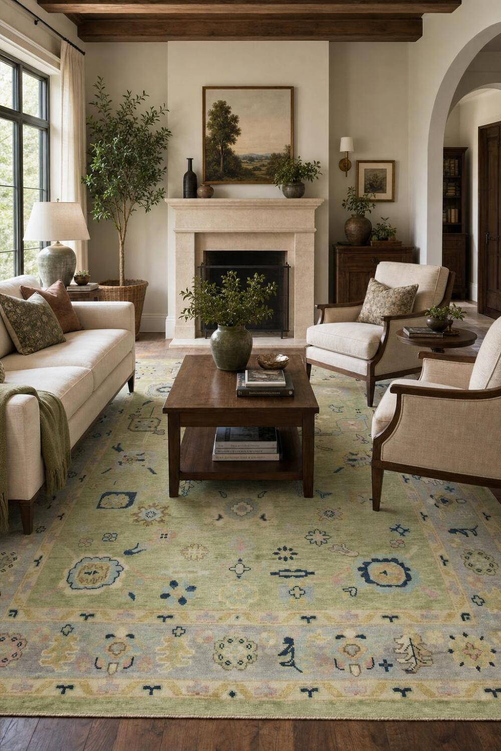 Vibrant Pistachio Green and Blue Oushak Hand-made Wool Rug 8' x 10'