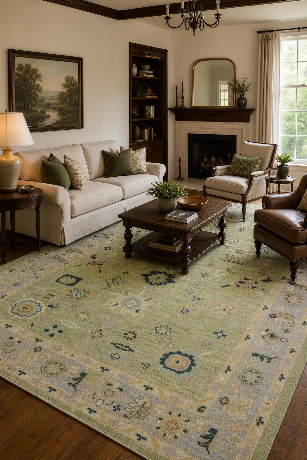 Vibrant Pistachio Green and Blue Oushak Hand-made Wool Rug 8' x 10'