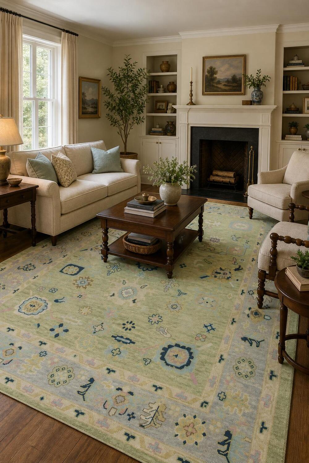 Vibrant Pistachio Green and Blue Oushak Hand-made Wool Rug 8' x 10'