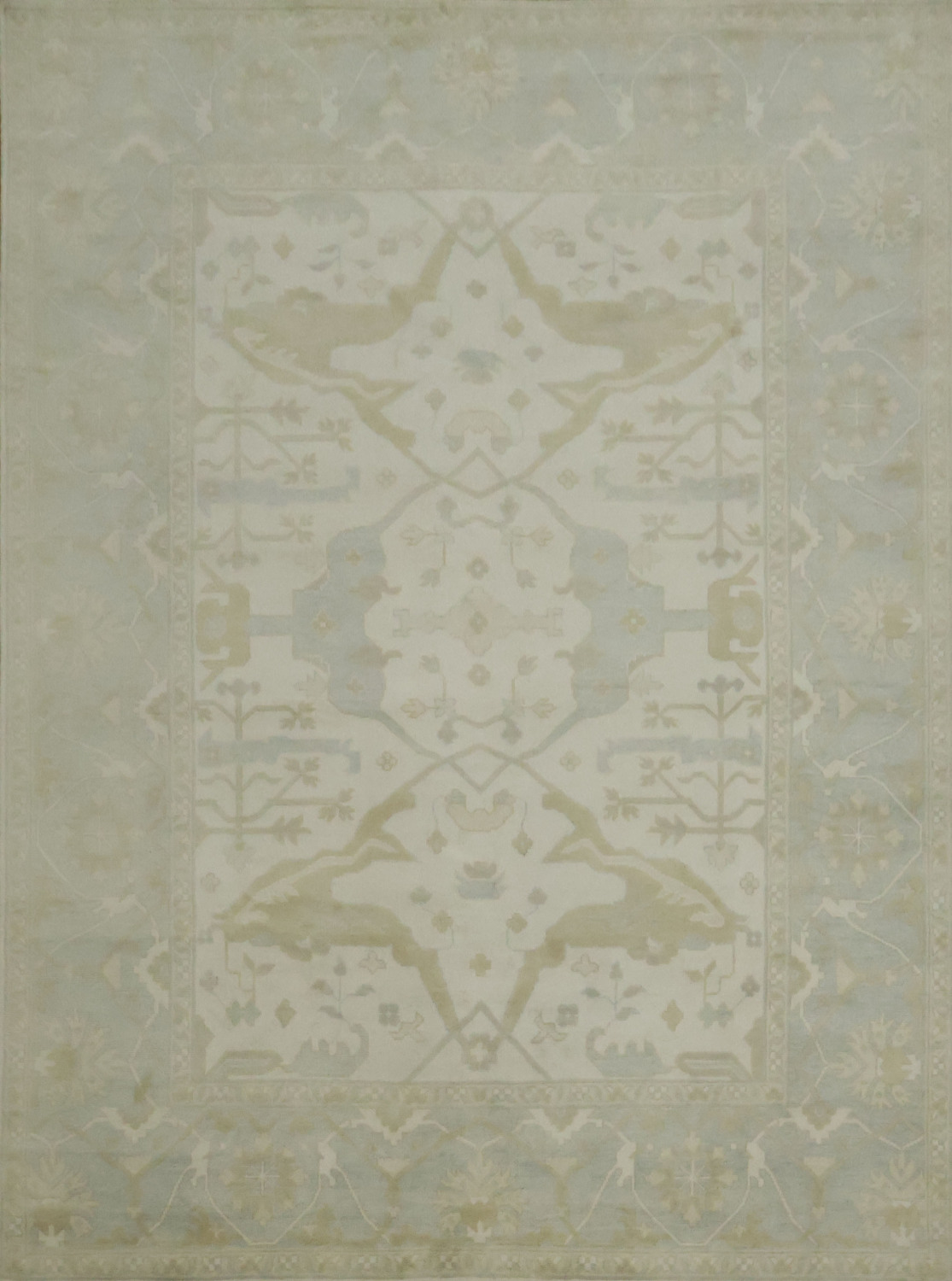Traditional Oushak Hand Made Ivory and Blue Rug 9x12