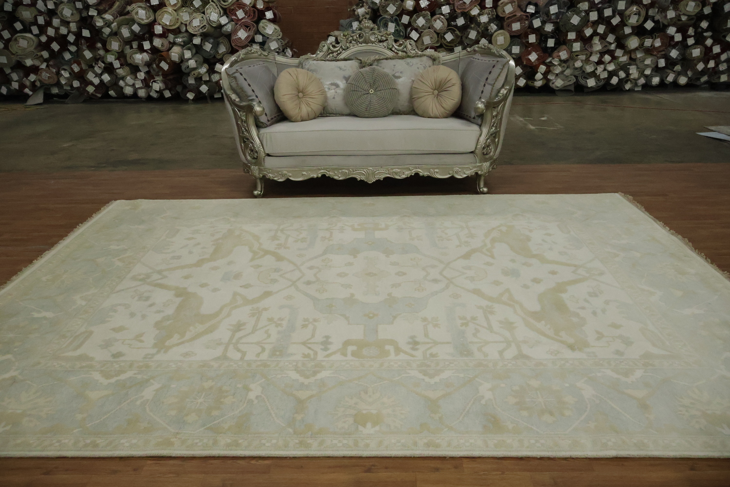 Traditional Oushak Hand Made Ivory and Blue Rug 9x12