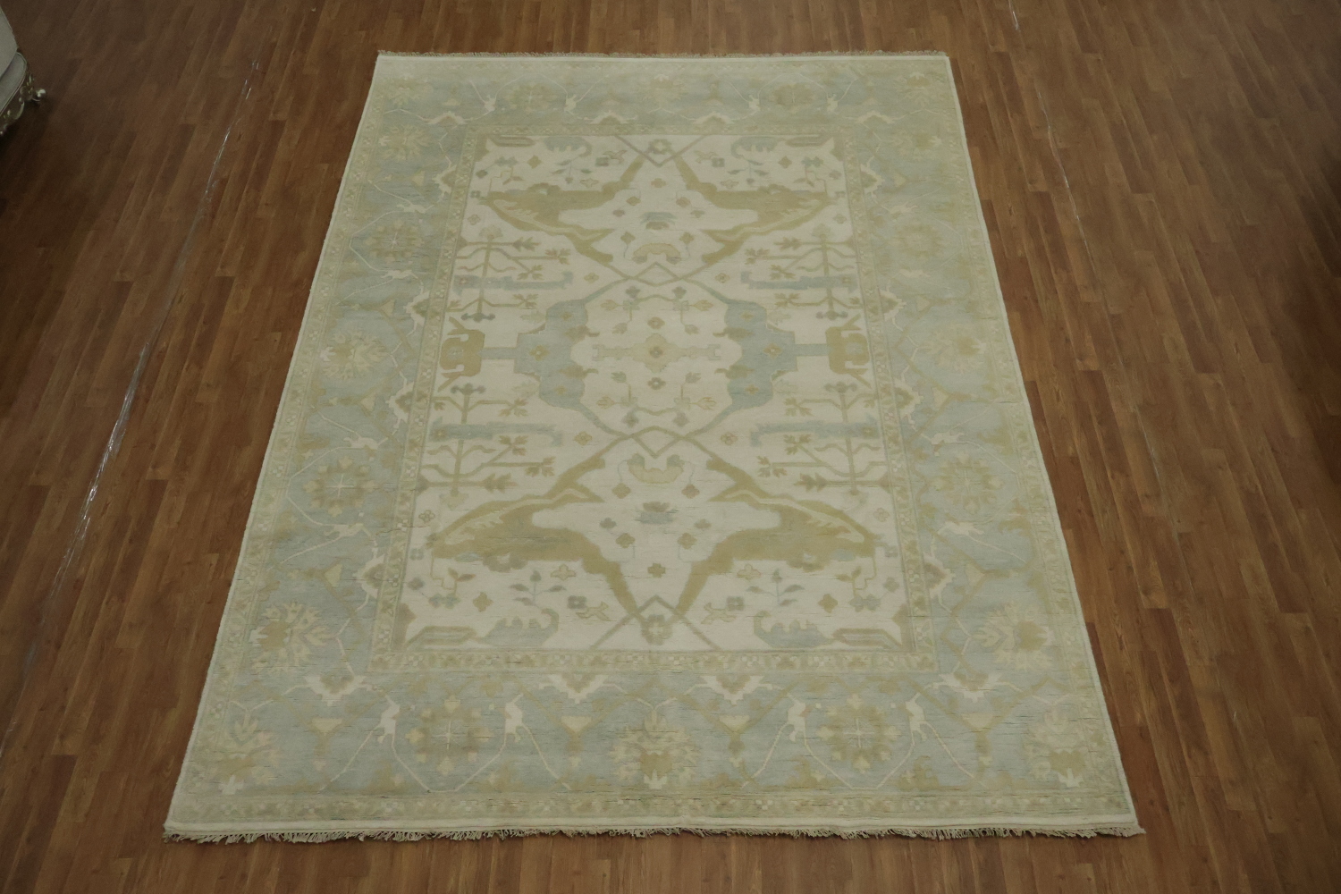 Traditional Oushak Hand Made Ivory and Blue Rug 9x12