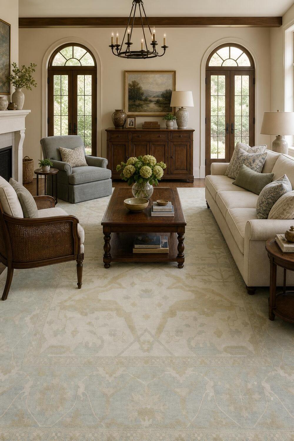 Traditional Oushak Hand Made Ivory and Blue Rug 9x12
