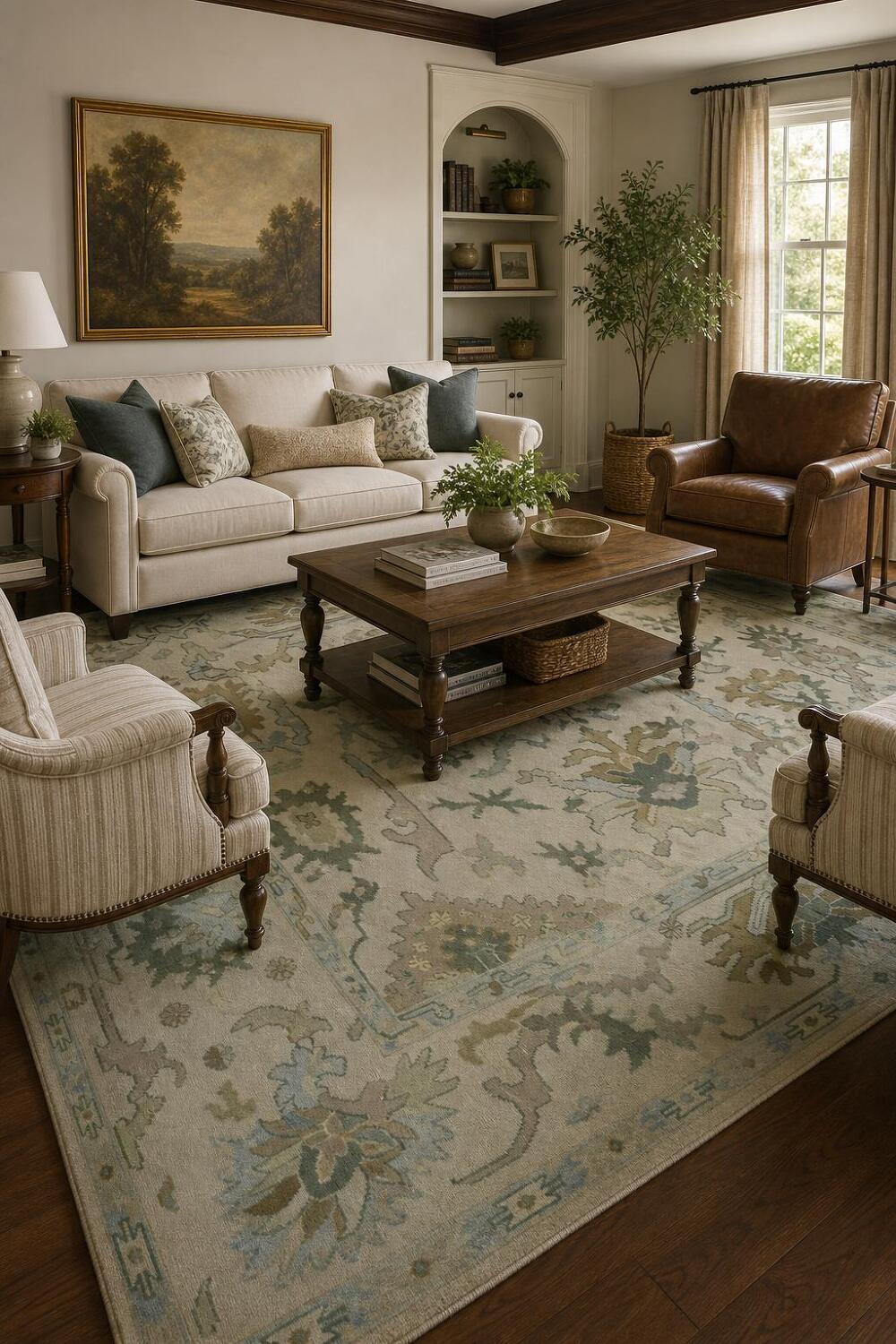 9x12 Traditional Oushak Hand-Knotted Wool Area Rug - Ivory & Light Blue