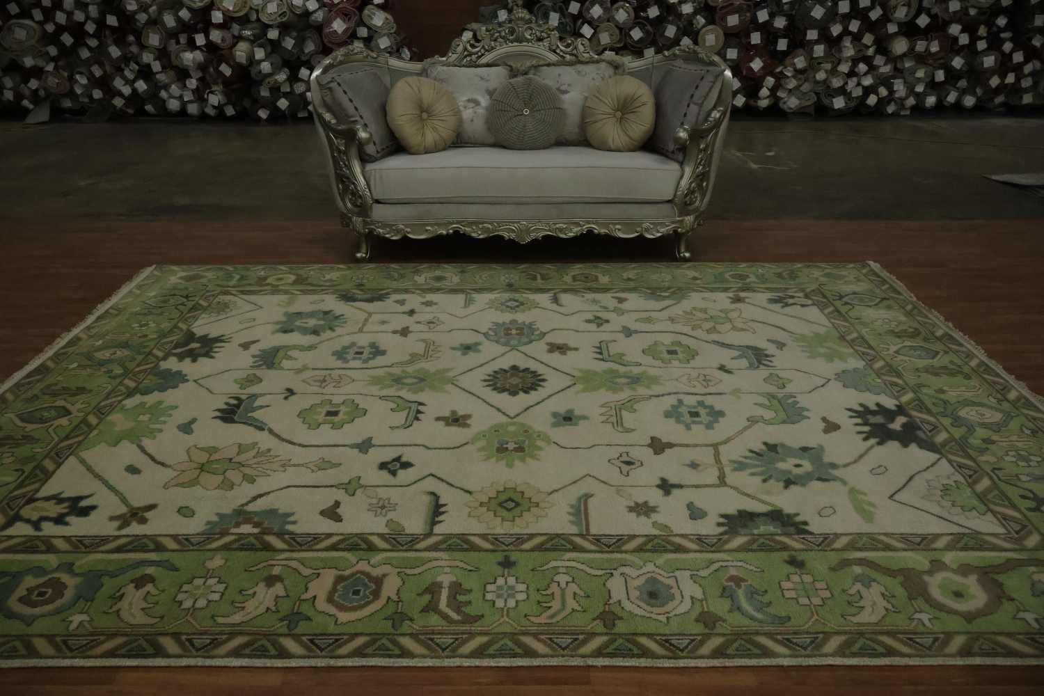 Hand-Knotted Oushak Oriental Rug 9x12 - Green Border Traditional Wool Rug