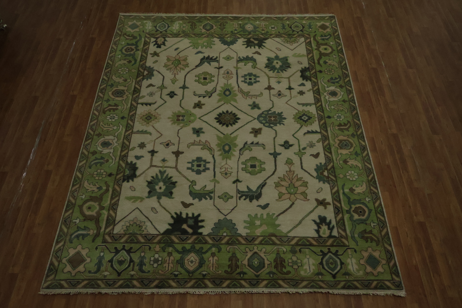 Hand-Knotted Oushak Oriental Rug 9x12 - Green Border Traditional Wool Rug