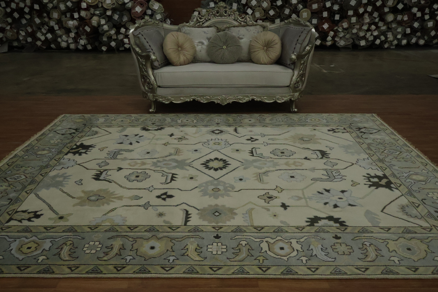 All-Over 9x12 Oushak Hand-Knotted Wool Rug in Ivory & Blue