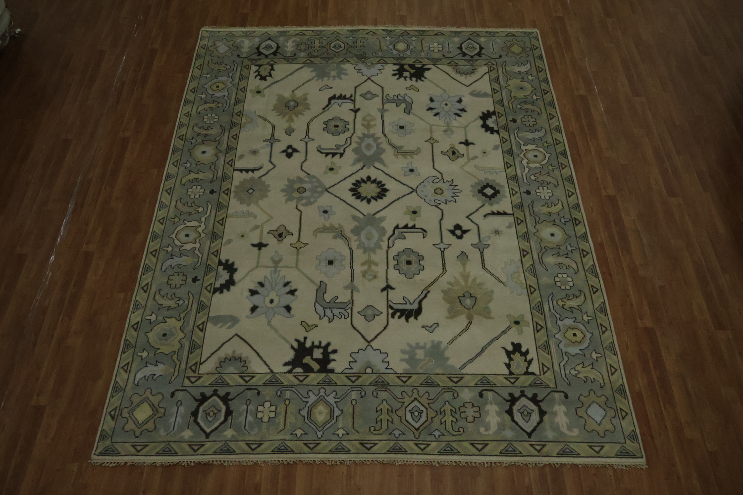 All-Over 9x12 Oushak Hand-Knotted Wool Rug in Ivory & Blue