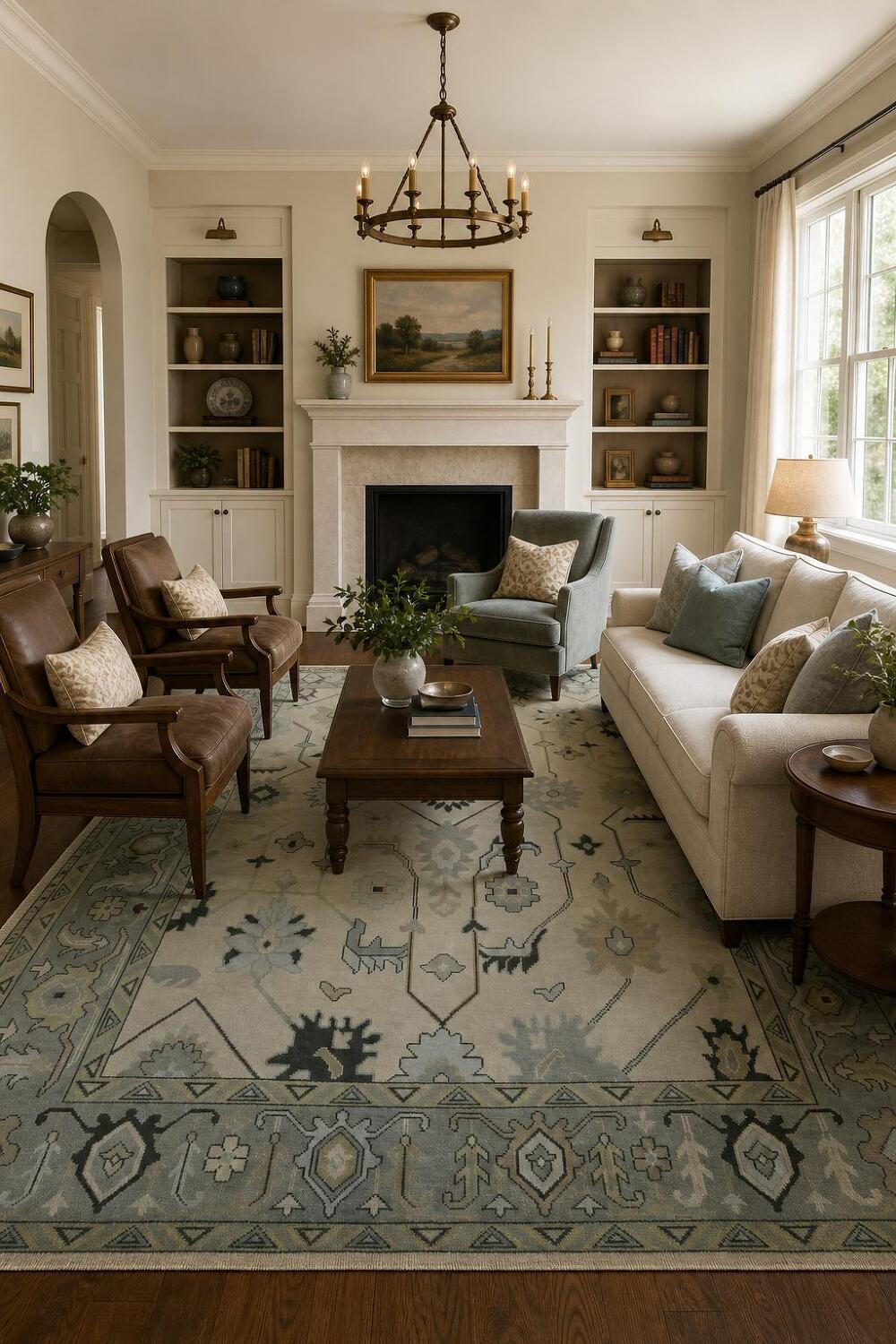 All-Over 9x12 Oushak Hand-Knotted Wool Rug in Ivory & Blue