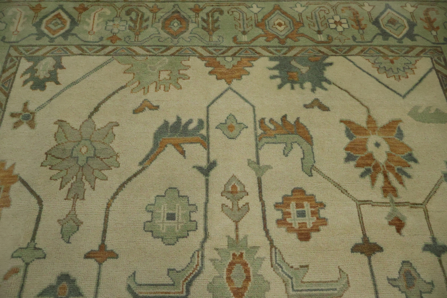 Traditional 9x12 Oushak Hand-Knotted Wool Rug in Ivory & Green