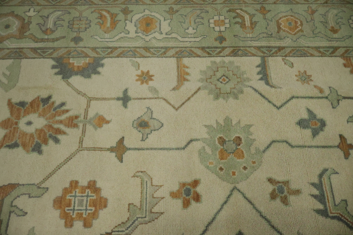 Traditional 9x12 Oushak Hand-Knotted Wool Rug in Ivory & Green