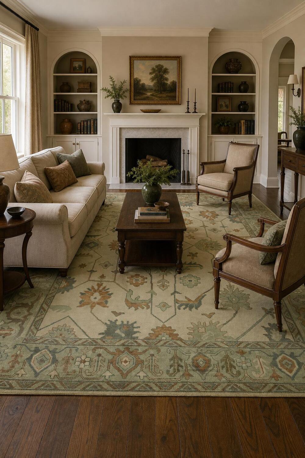 Traditional 9x12 Oushak Hand-Knotted Wool Rug in Ivory & Green