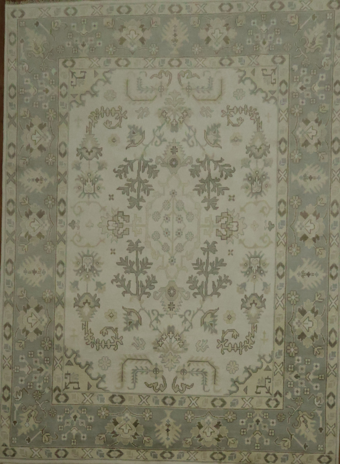 All-Over Ivory and Grey Border 9x12 Oushak Hand-Knotted Wool Rug