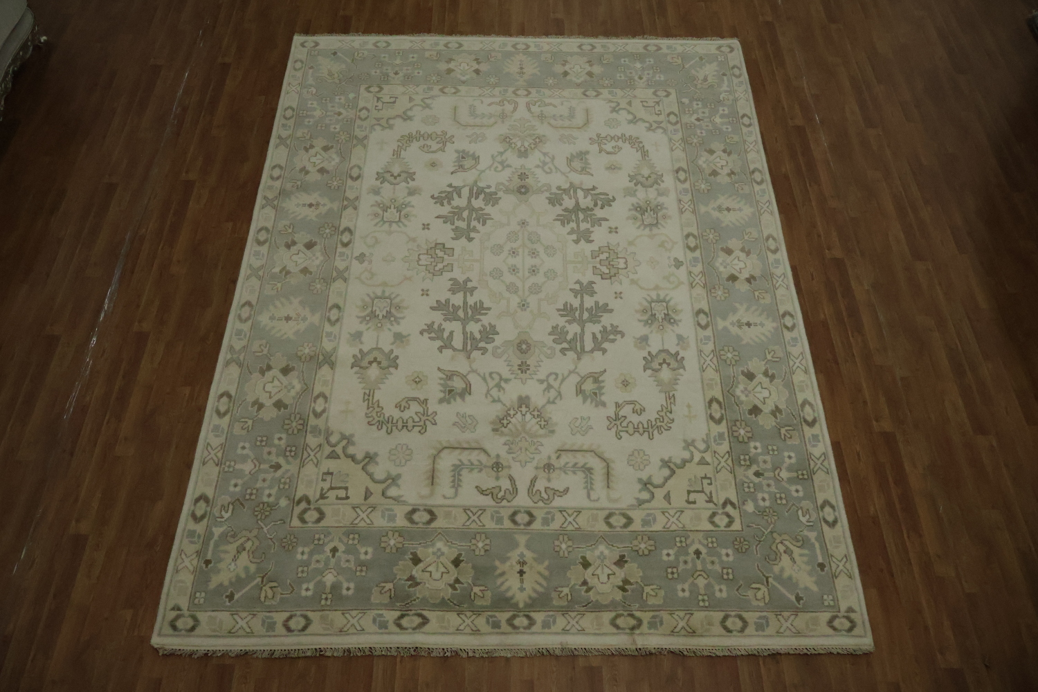 All-Over Ivory and Grey Border 9x12 Oushak Hand-Knotted Wool Rug