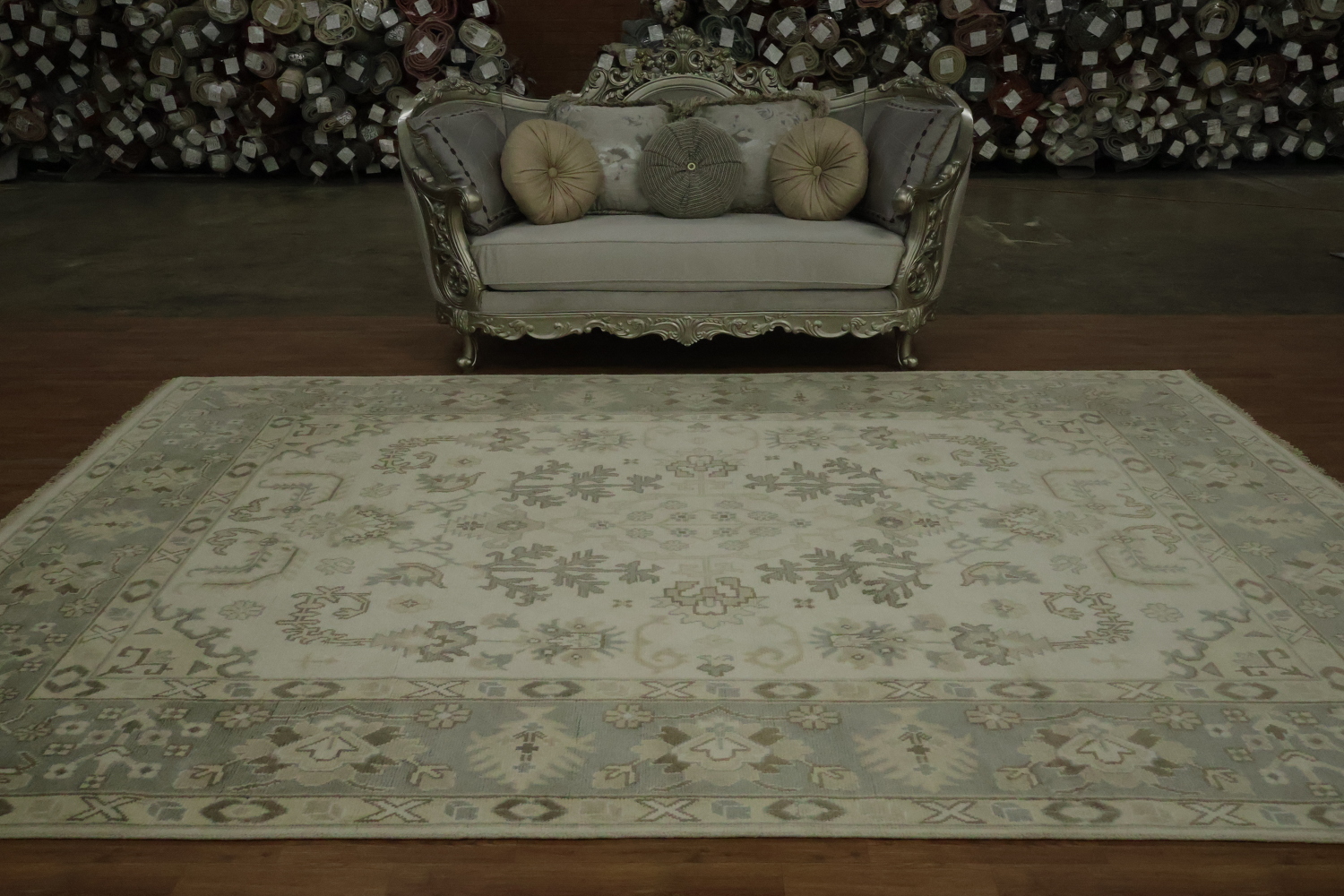 All-Over Ivory and Grey Border 9x12 Oushak Hand-Knotted Wool Rug
