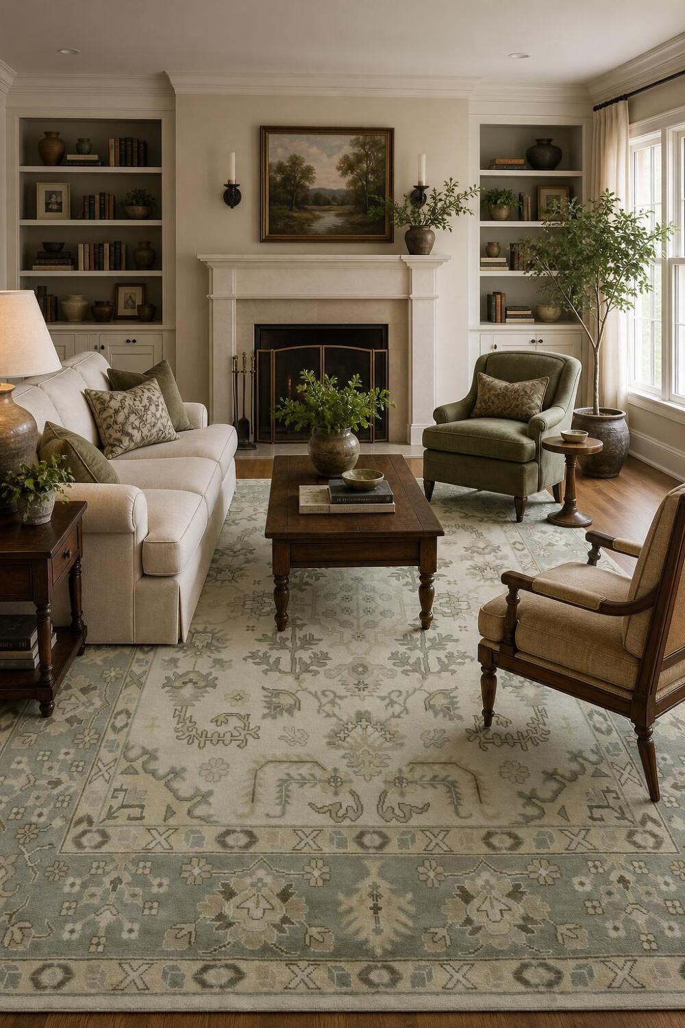 All-Over Ivory and Grey Border 9x12 Oushak Hand-Knotted Wool Rug