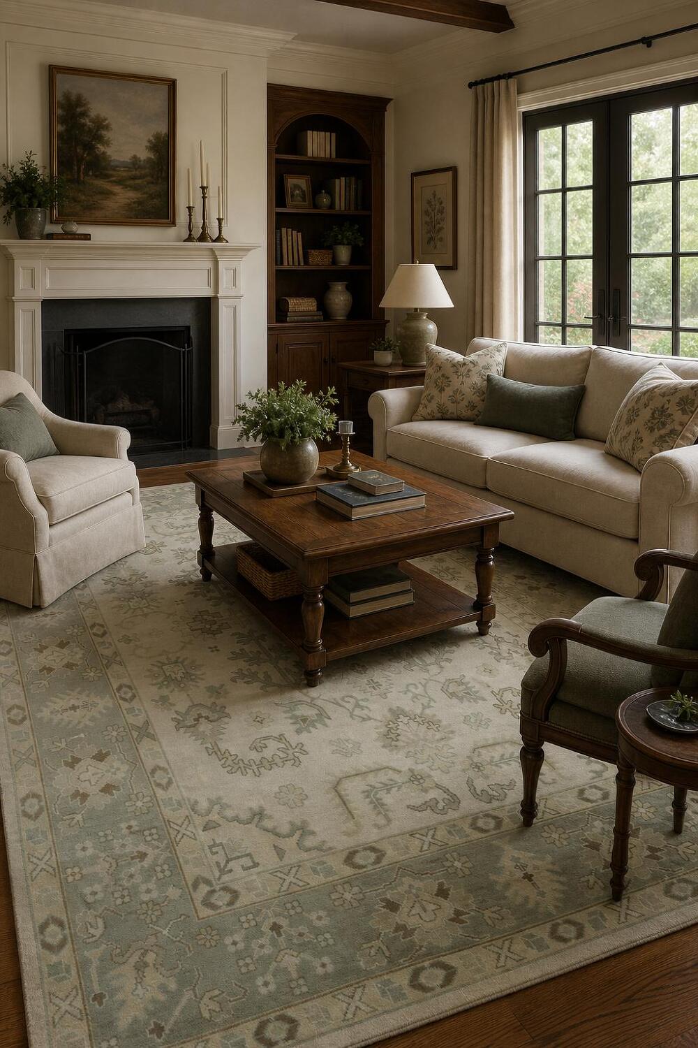 All-Over Ivory and Grey Border 9x12 Oushak Hand-Knotted Wool Rug