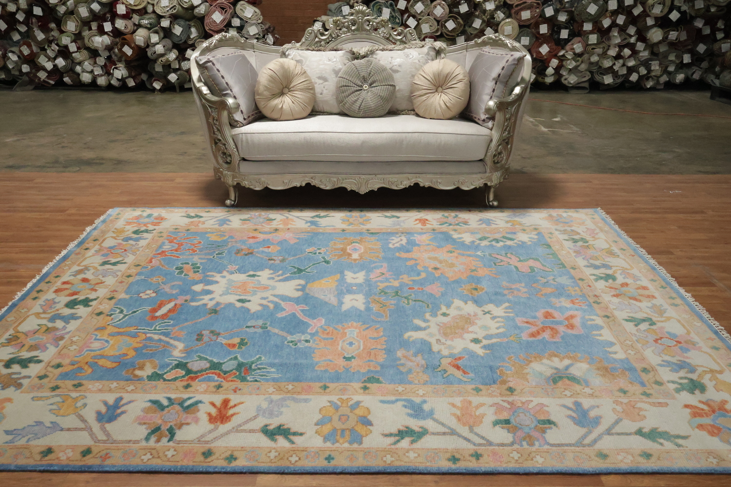 Blue and Ivory All-Over Oushak Turkish Wool Area Rug 8x10