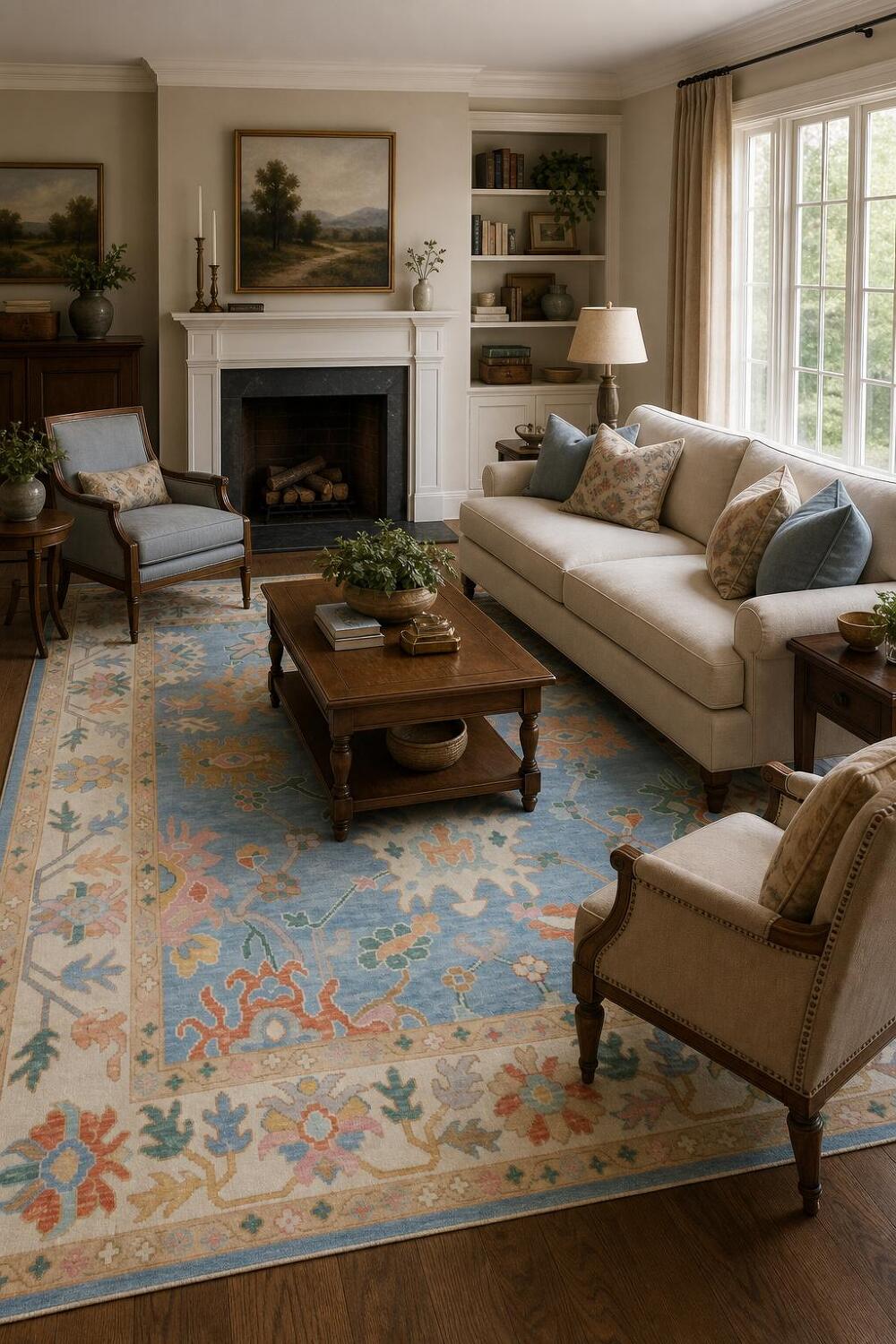 Blue and Ivory All-Over Oushak Turkish Wool Area Rug 8x10