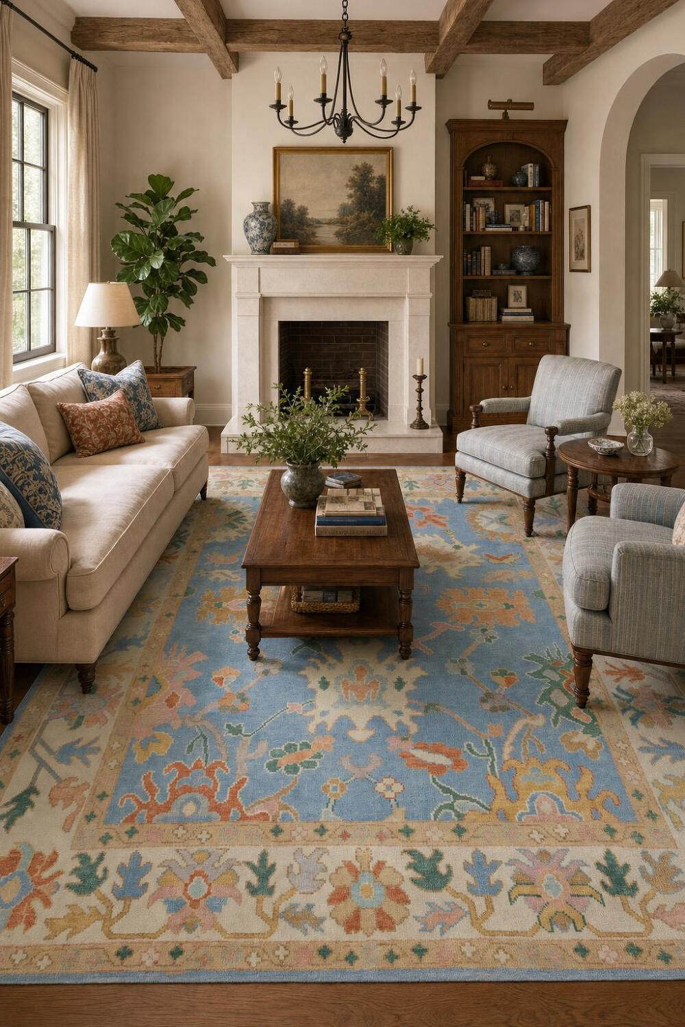 Blue and Ivory All-Over Oushak Turkish Wool Area Rug 8x10