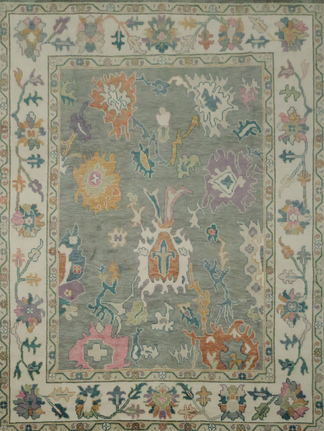 Traditional 9x12 Oushak Hand-Knotted Area Rug - Gray/Ivory Wool