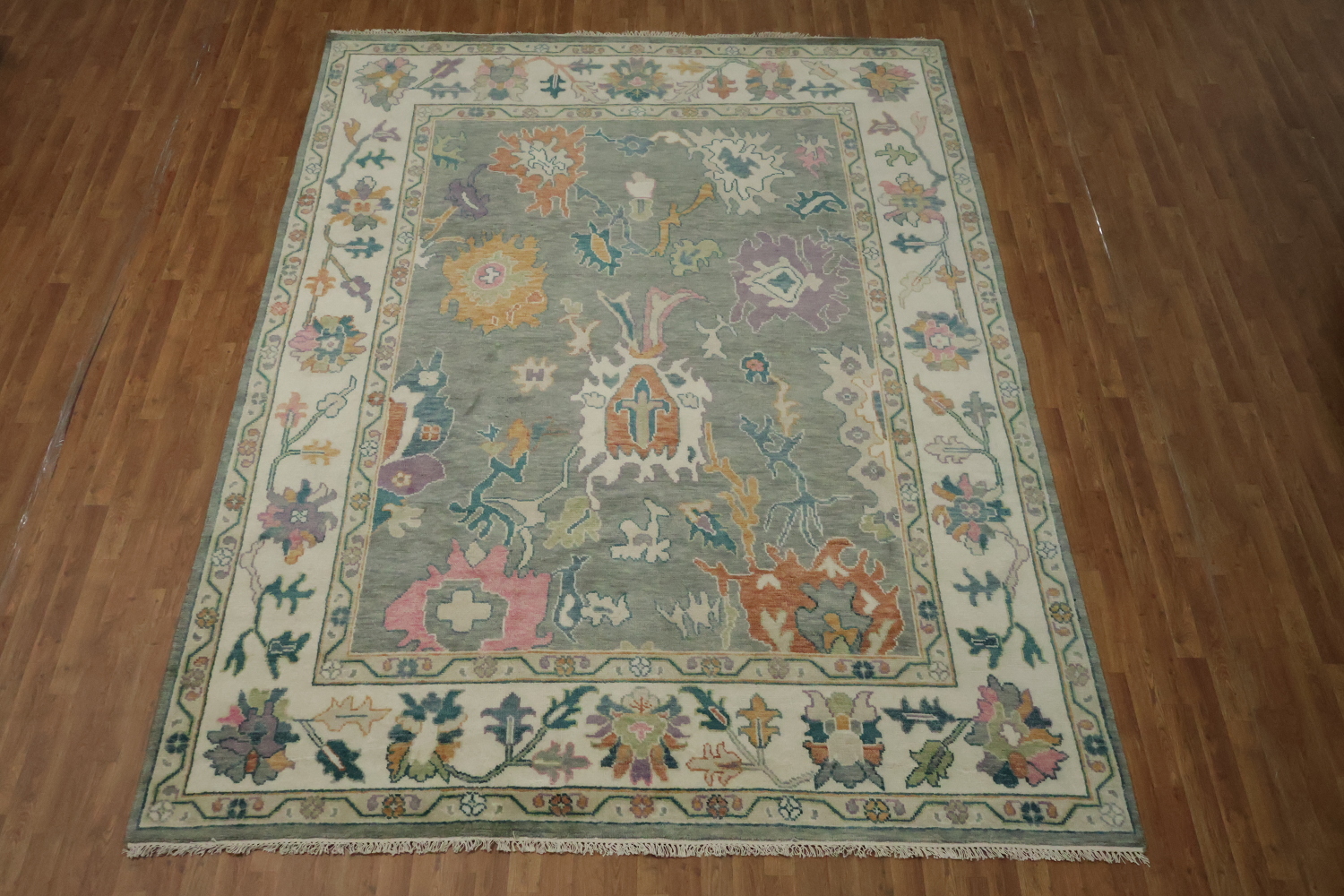 Traditional 9x12 Oushak Hand-Knotted Area Rug - Gray/Ivory Wool