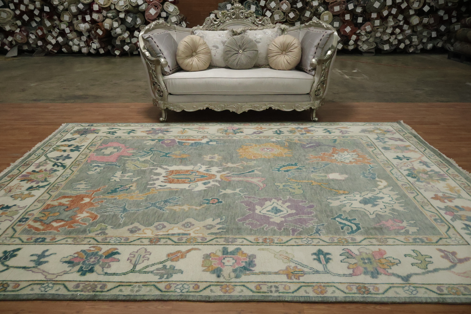 Traditional 9x12 Oushak Hand-Knotted Area Rug - Gray/Ivory Wool