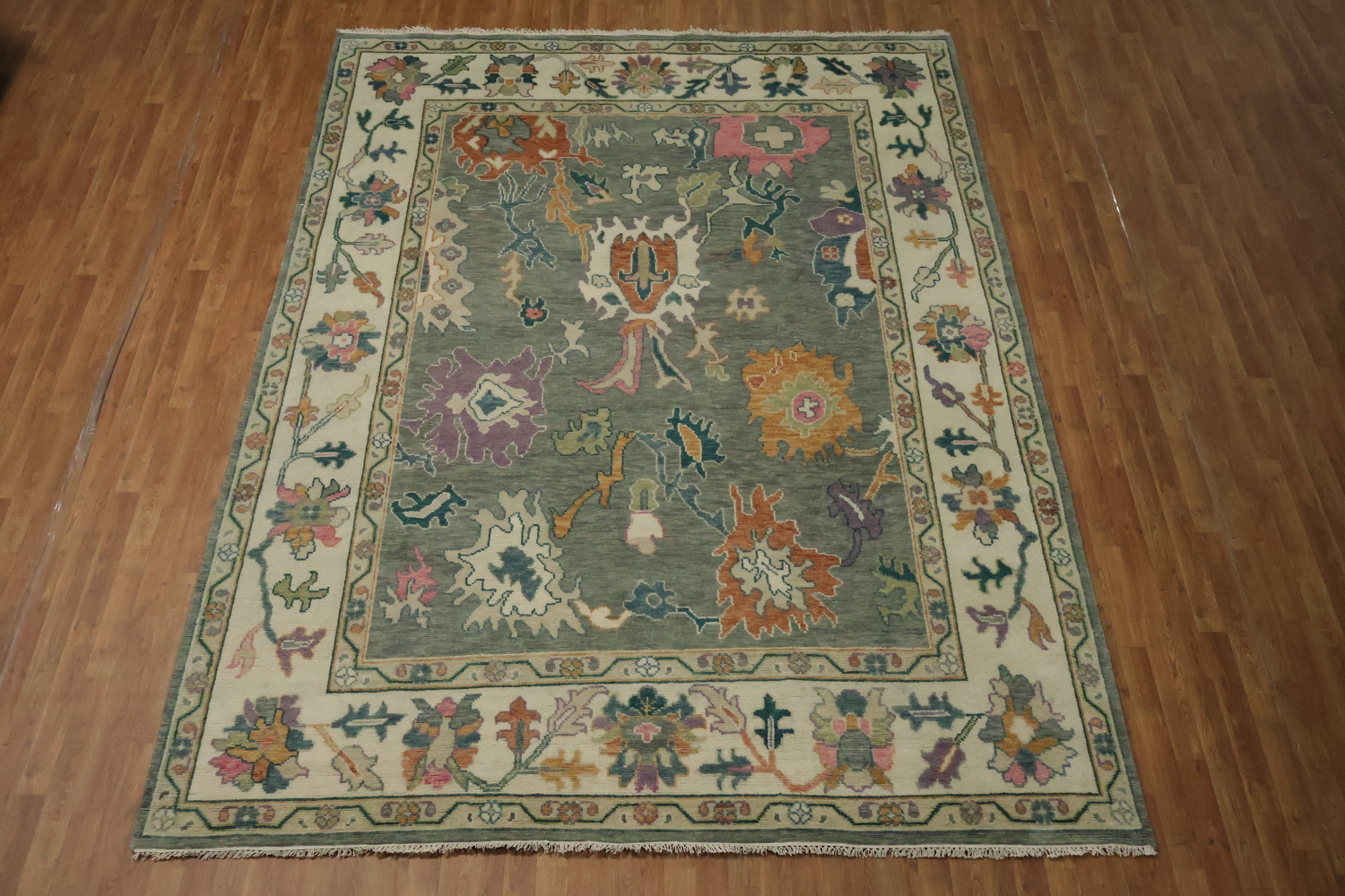 Traditional 9x12 Oushak Hand-Knotted Area Rug - Gray/Ivory Wool