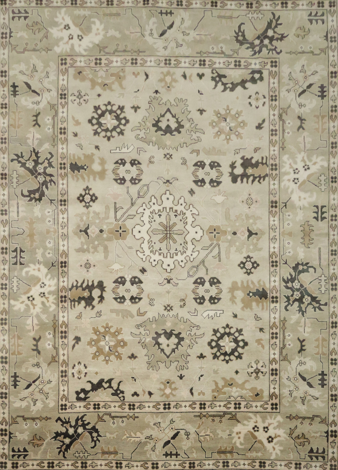 Earth-tone Beige and Black Oushak Indian Large Rug 10x14 ft