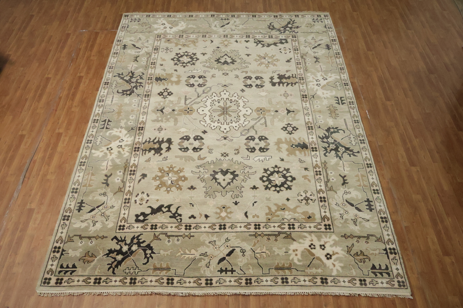 Earth-tone Beige and Black Oushak Indian Large Rug 10x14 ft