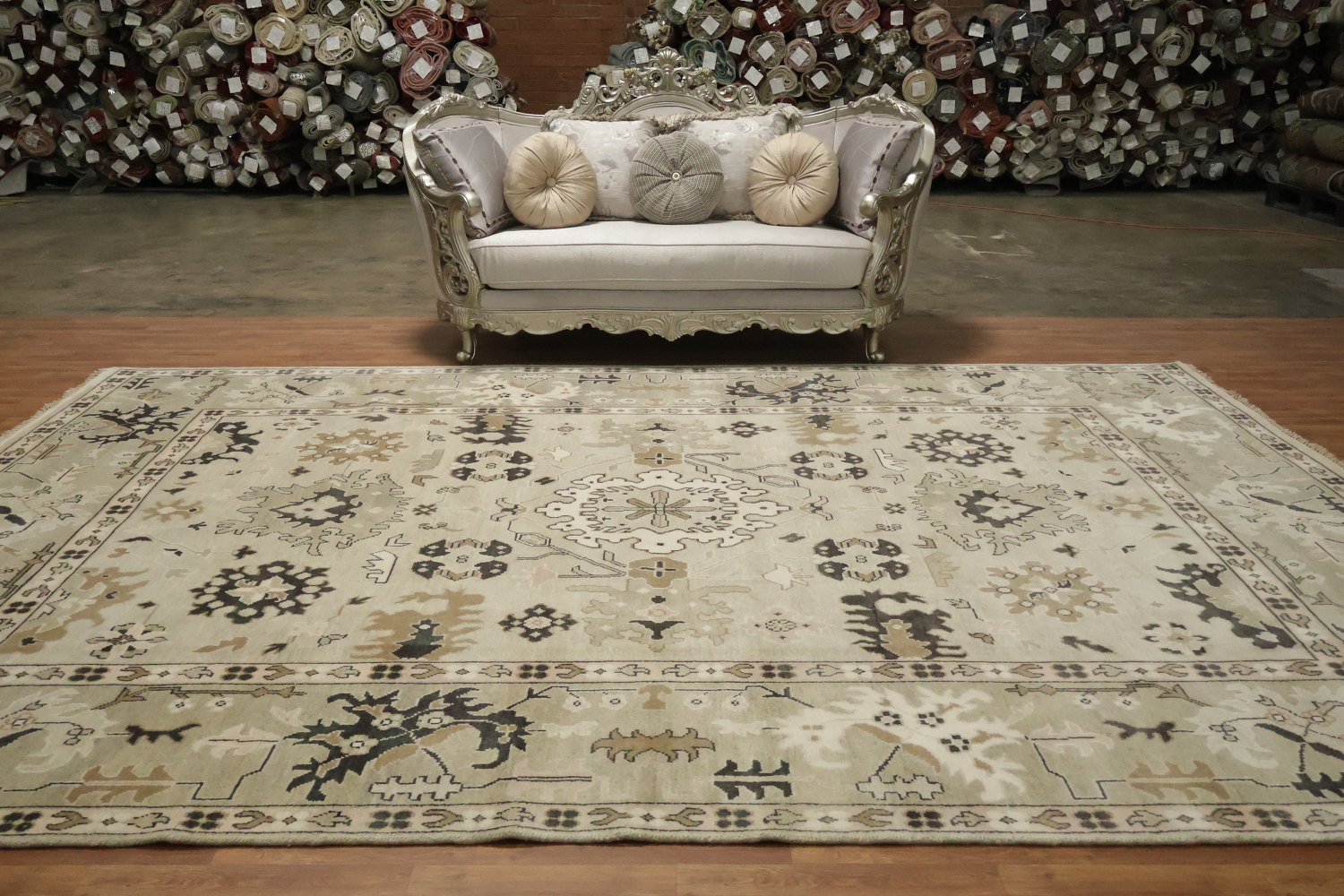 Earth-tone Beige and Black Oushak Indian Large Rug 10x14 ft