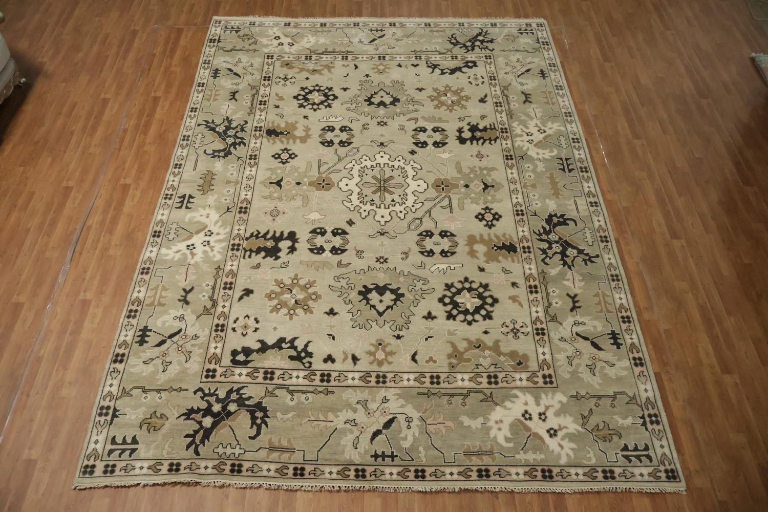 Earth-tone Beige and Black Oushak Indian Large Rug 10x14 ft