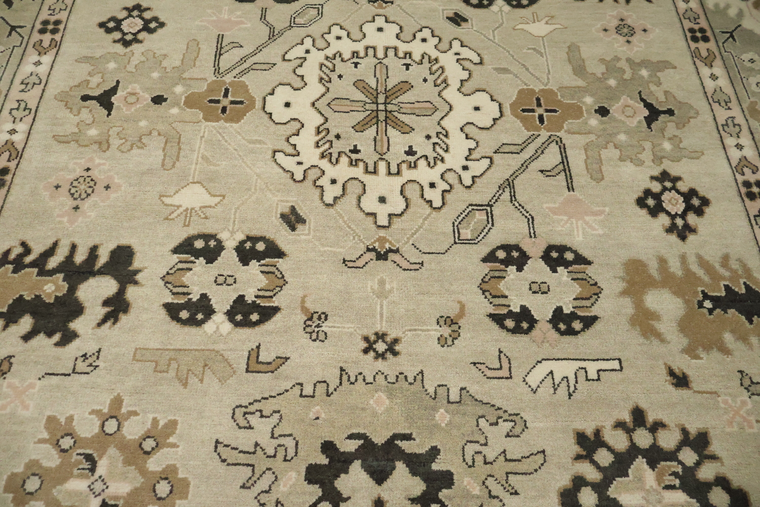 Earth-tone Beige and Black Oushak Indian Large Rug 10x14 ft