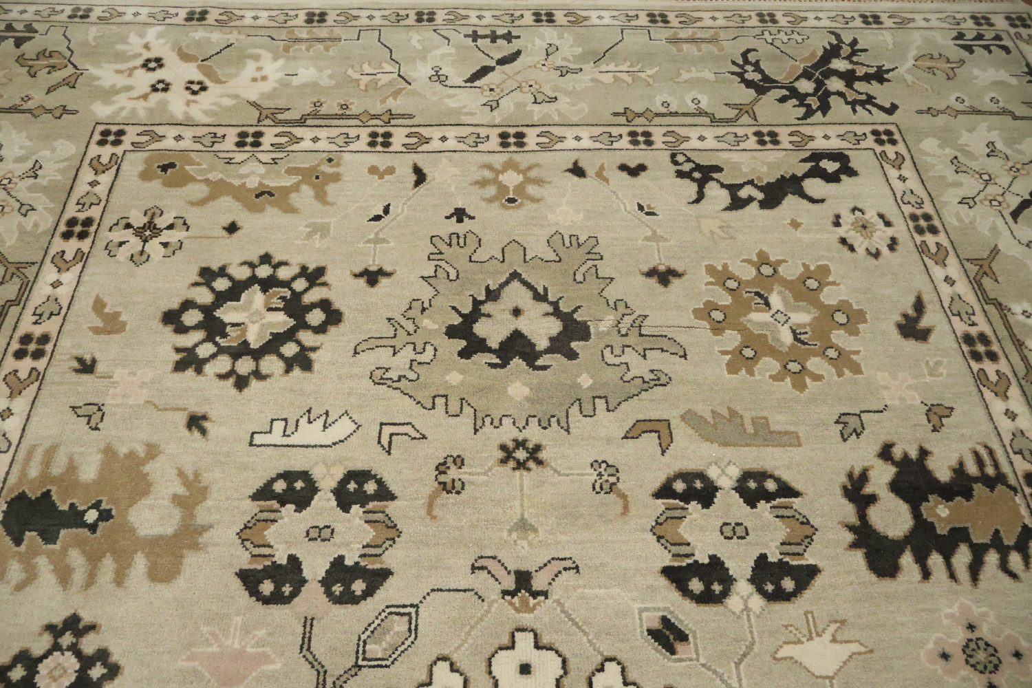 Earth-tone Beige and Black Oushak Indian Large Rug 10x14 ft