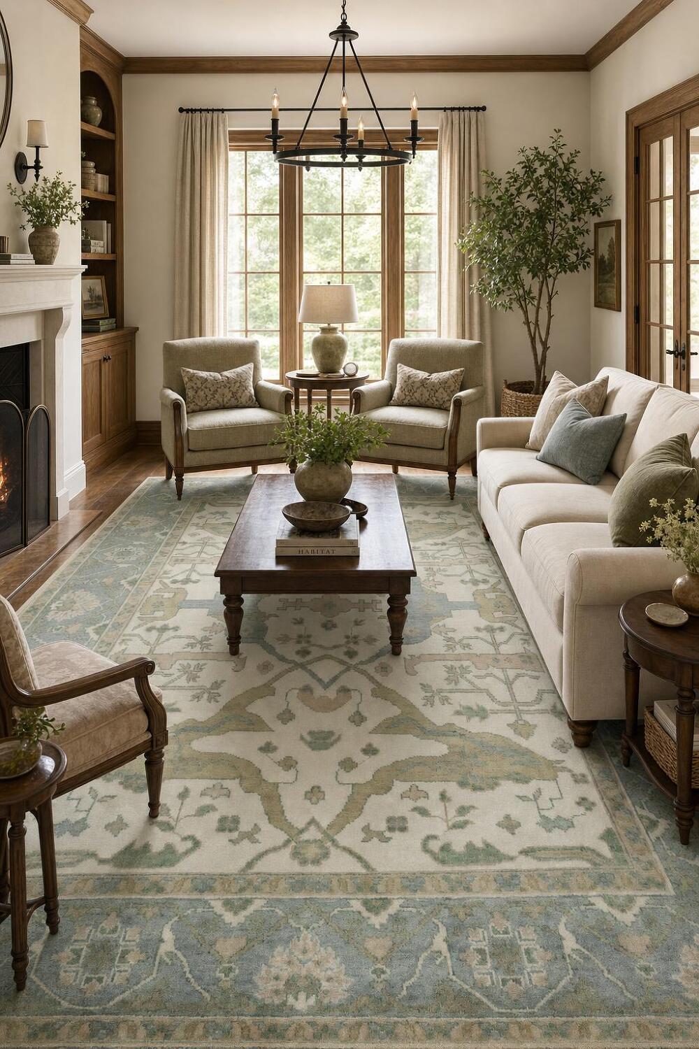 Traditional Oushak Ivory with Blue Border Wool Rug 8x10 ft