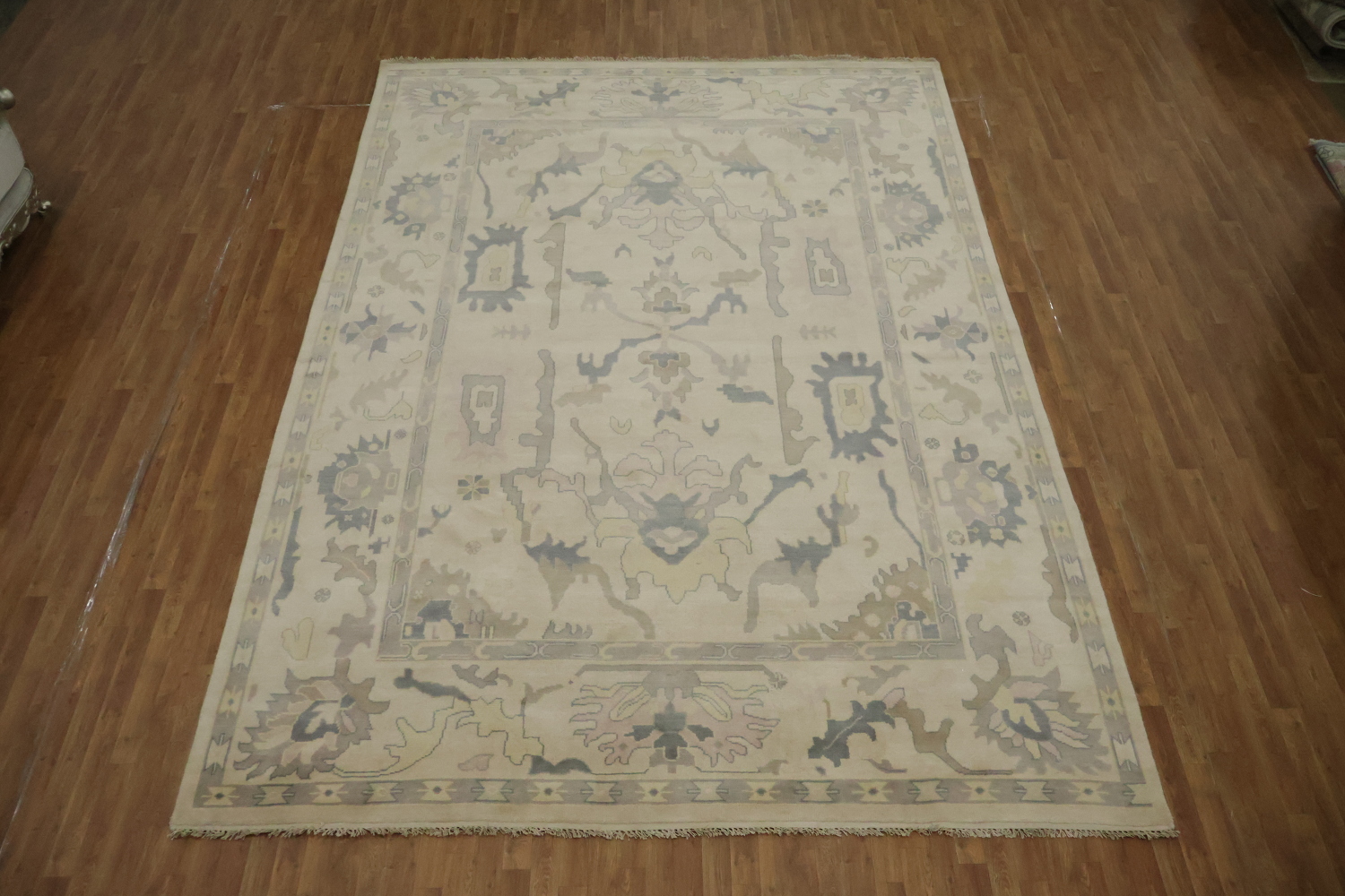 Oushak Style 10x14 Hand-Knotted Rug - Ivory & Light Blue  Wool Area Rug