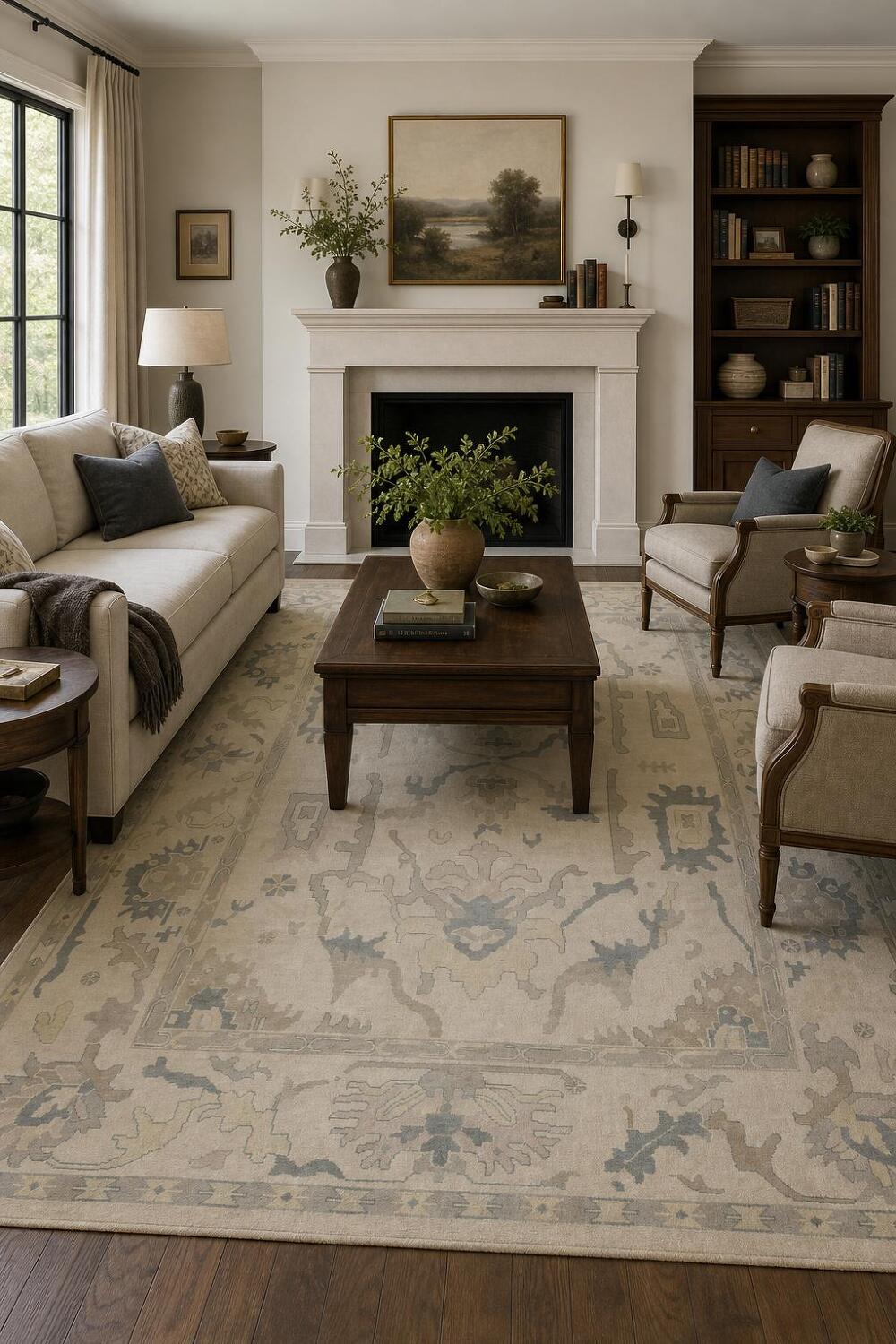 Oushak Style 10x14 Hand-Knotted Rug - Ivory & Light Blue  Wool Area Rug