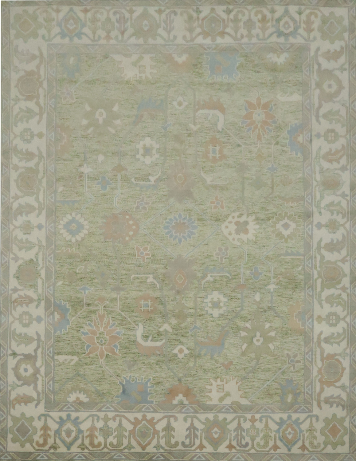 Green Traditional Oushak Hand-Knotted Wool Area Rug - 9x12