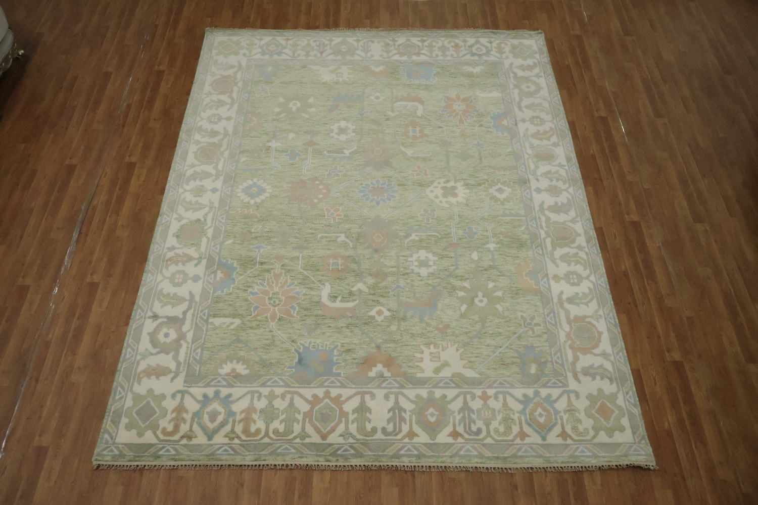 Green Traditional Oushak Hand-Knotted Wool Area Rug - 9x12