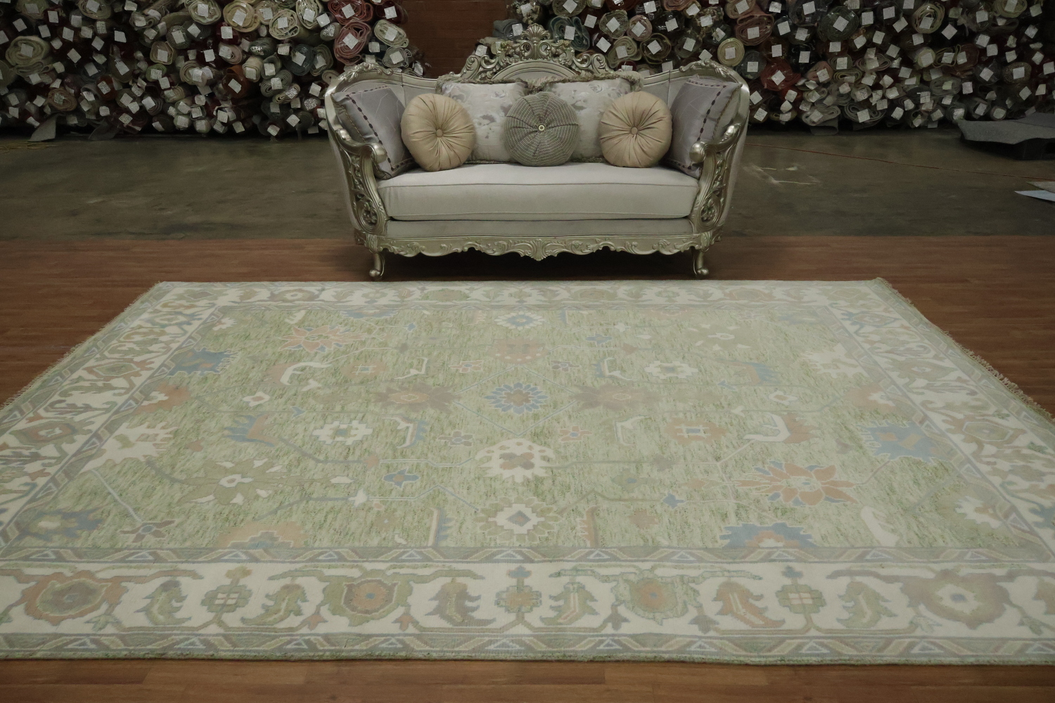 Green Traditional Oushak Hand-Knotted Wool Area Rug - 9x12