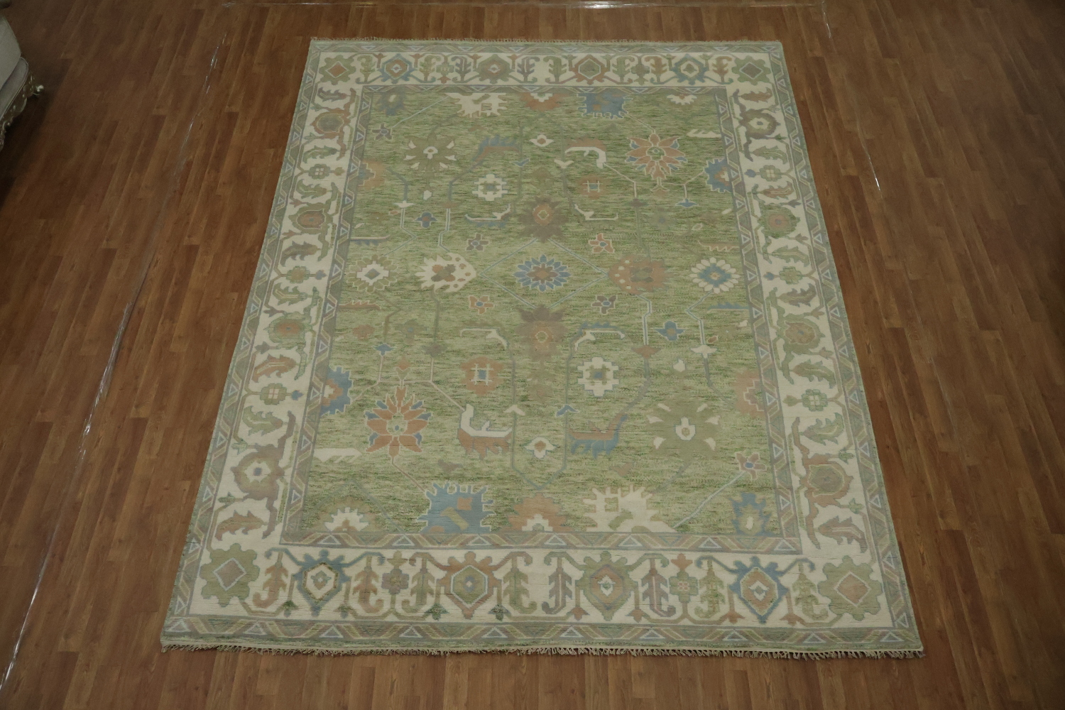 Green Traditional Oushak Hand-Knotted Wool Area Rug - 9x12